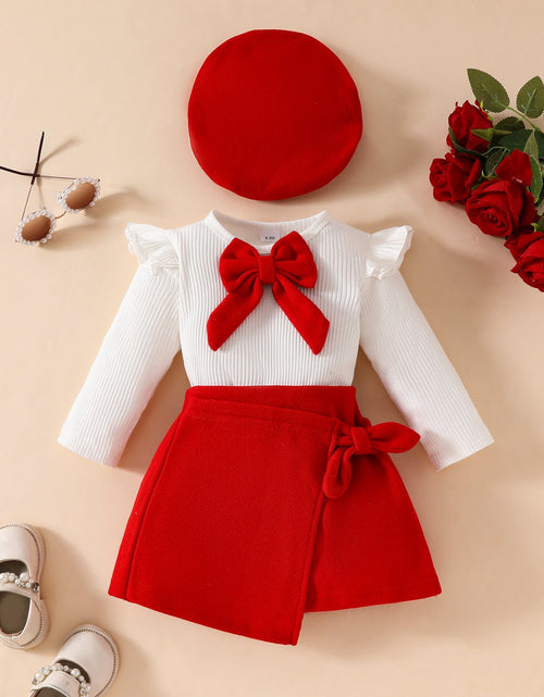 Load image into Gallery viewer, Fashion Step Girl Big Bow Beret Long Sleeve Top with Velvet Half Skirt Autumn/Winter 3-Piece Set
