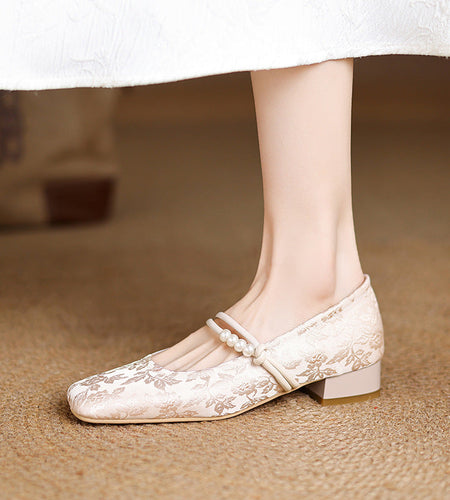 Women's Chinese-Style Satin Square-Toe Slip-On Flats – Beaded Buckle Low-Heel Shoes