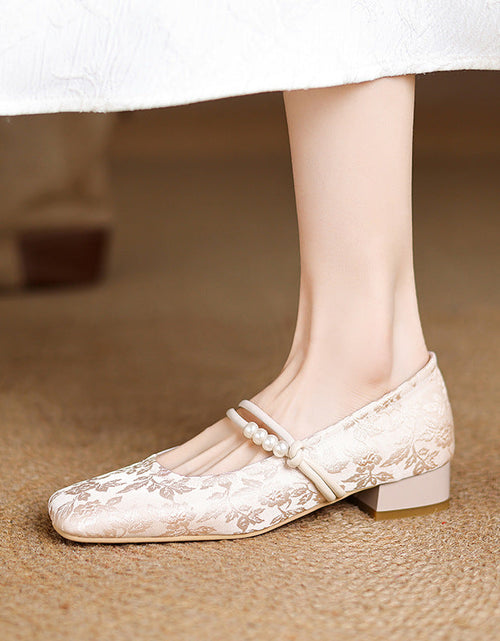 Load image into Gallery viewer, Women's Chinese-Style Satin Square-Toe Slip-On Flats – Beaded Buckle Low-Heel Shoes
