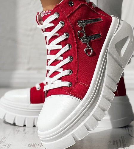Muffin Heel Side-Zipper & Dual Lace-Up Casual Sneakers for Women