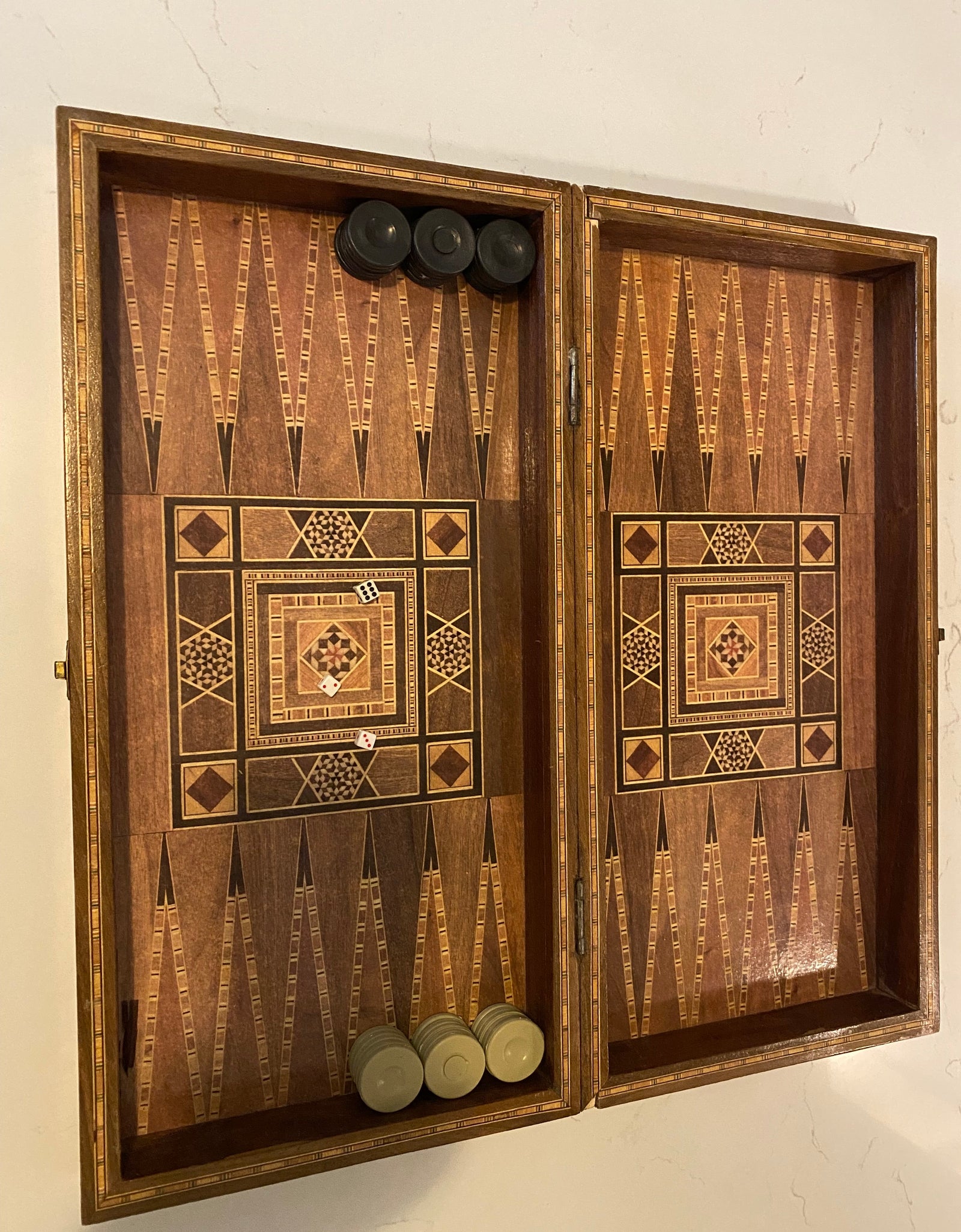 Vintage Mosaic Wooden Inlaid Marquetry Box Backgammon Set