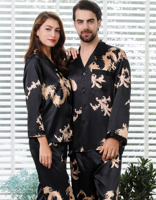 Load image into Gallery viewer, Simulated silk couple sleepwear new long sleeved set men's and women's V-neck silk printed dragon and phoenix home clothes
