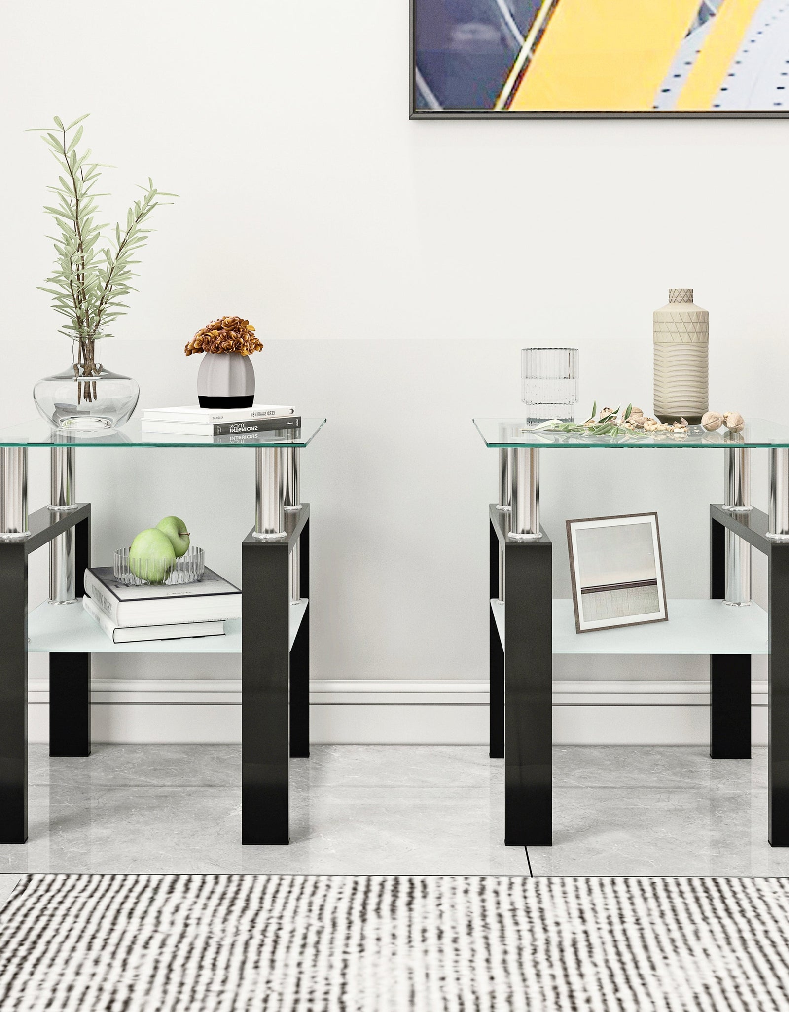 Set of 2, Modern Tempered Glass Tea Table Coffee Table End Table, Square Table for Living Room, Transparent/Black