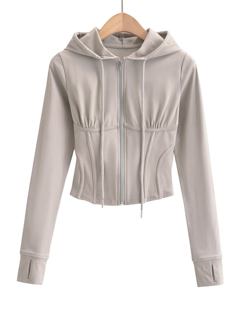 Load image into Gallery viewer, Slim fit drawstring hooded zipper top
