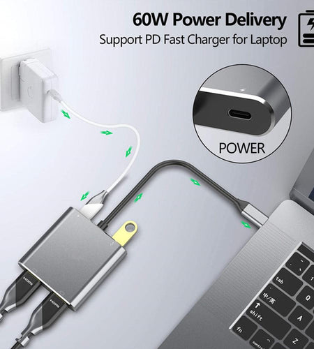 Type-C hub to dual HDMI PD USB3.0 hub for mobile phones, laptops, and multi port docking stations