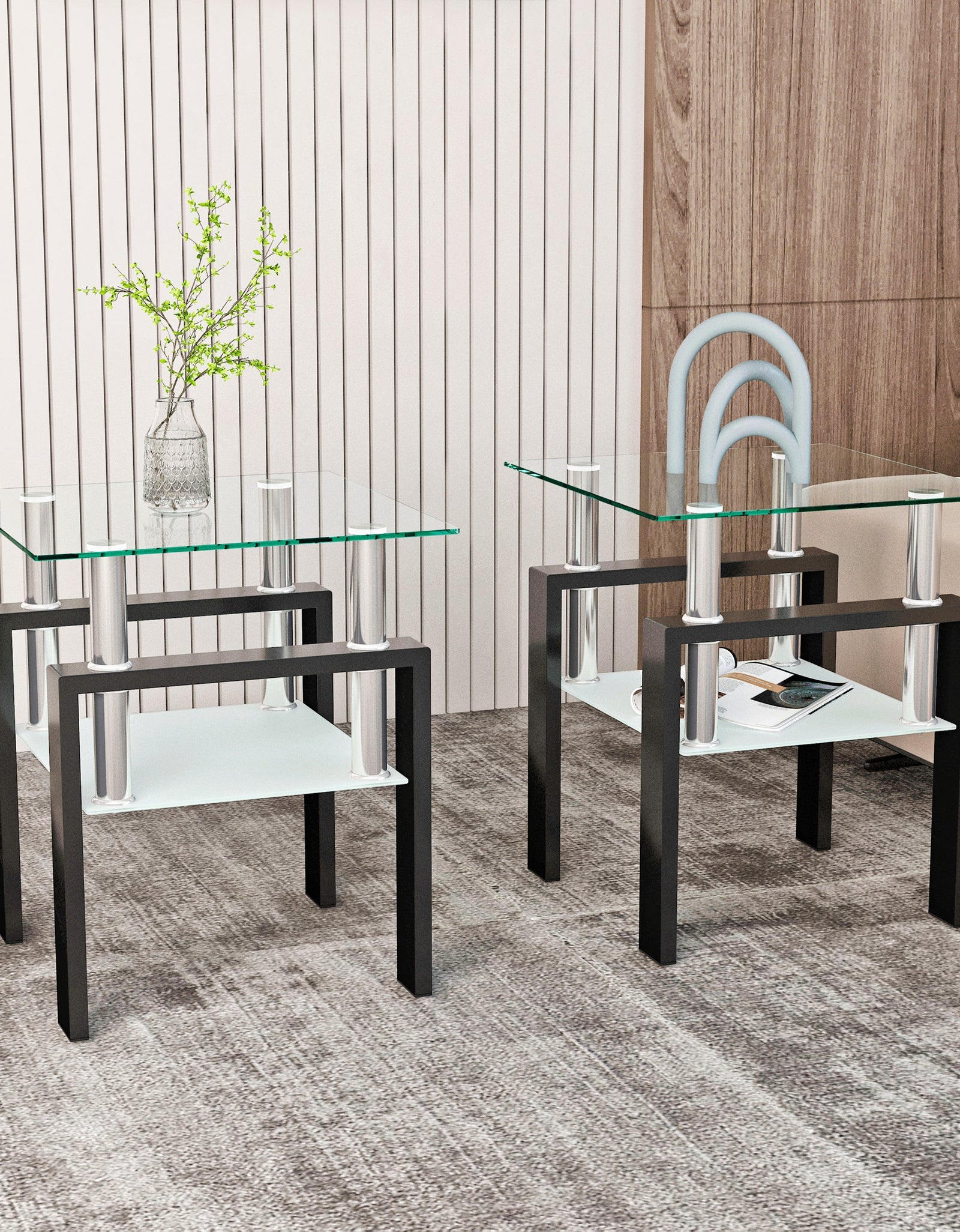Set of 2, Modern Tempered Glass Tea Table Coffee Table End Table, Square Table for Living Room, Transparent/Black