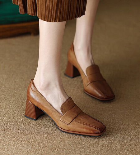 Women's Sheepskin Square Toe Chunky Heel Pumps – Retro High Heel Dress Shoes