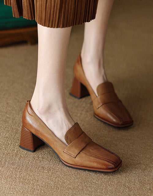 Load image into Gallery viewer, Women's Sheepskin Square Toe Chunky Heel Pumps – Retro High Heel Dress Shoes
