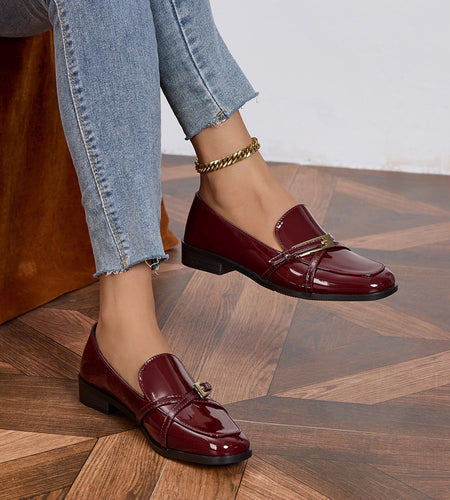 Women’s Patent Leather Square Toe Loafers | Low Heel Slip-On Flats
