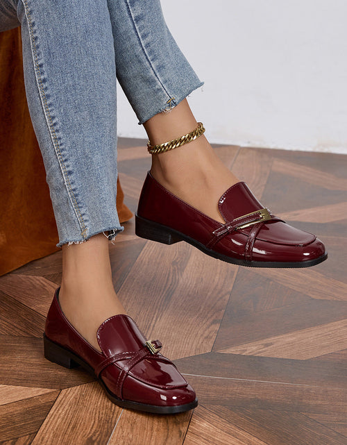 Load image into Gallery viewer, Women’s Patent Leather Square Toe Loafers | Low Heel Slip-On Flats
