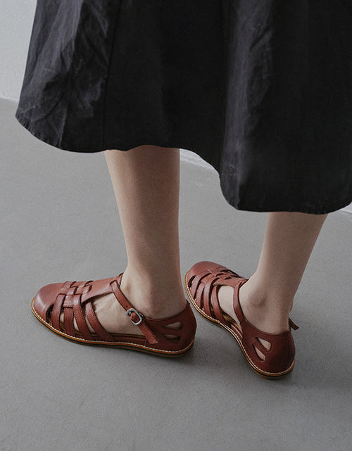 Load image into Gallery viewer, Women's Washed Full Grain Leather Fisherman Sandals – Closed-Toe Woven T-Strap
