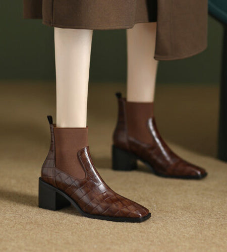 Women's Cowhide Square Toe Chunky Heel Pumps – Vintage Minimalist High Heels