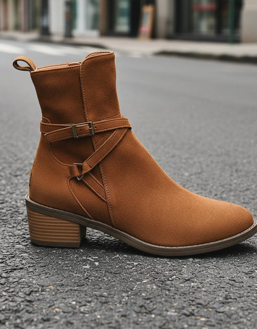 Load image into Gallery viewer, Cross-Strap Side-Zipper Mid-Heel Ankle Boots Women
