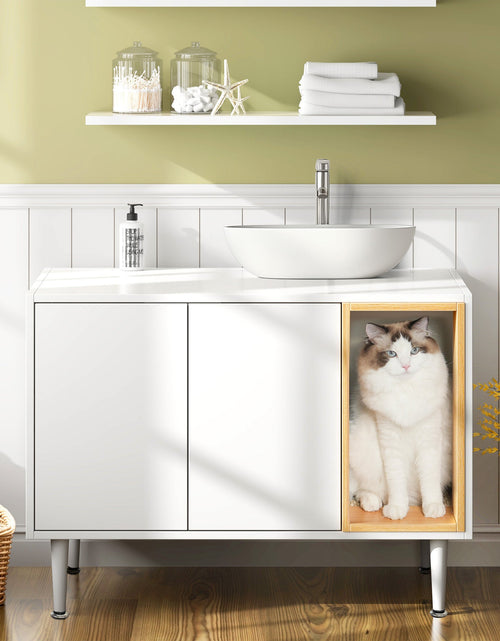 Load image into Gallery viewer, Bathroom sink cabinet, with cat trash can shell, hidden garbage pet bathroom, with partition, wooden cabinet furniture, white
