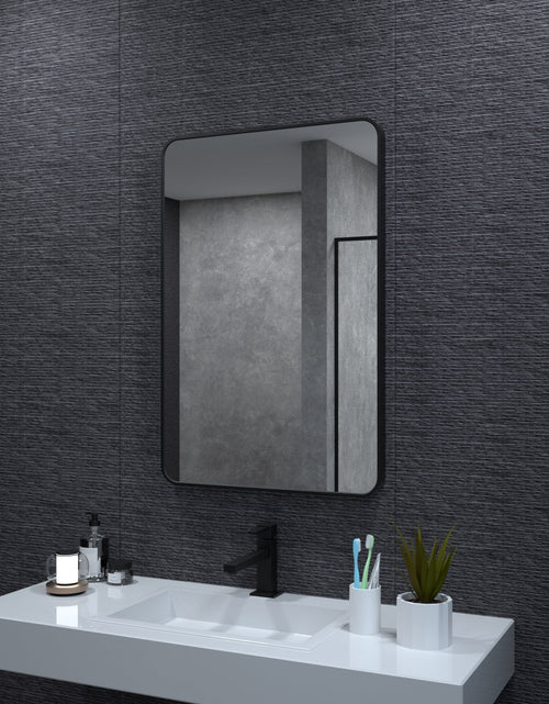 Load image into Gallery viewer, 24x36 inch aluminum frame round rectangular bathroom wall mirror, matte black rust proof, tempered glass mirror

