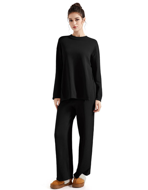 Load image into Gallery viewer, SUUKSESS Women Lounge 2PC Pajama Set Long Sleeve Top Wide Leg Pants Black M
