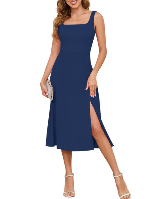 Load image into Gallery viewer, Gardenwed Womens Square Neck Midi Dress Sleeveless Slit Cocktail Navy M
