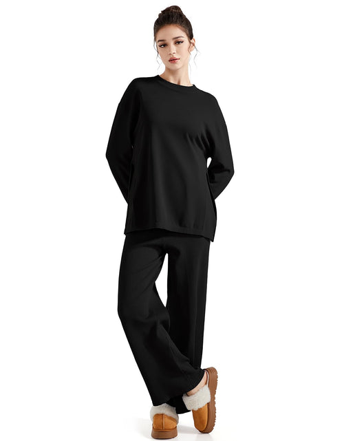 Load image into Gallery viewer, SUUKSESS Women Lounge 2PC Pajama Set Long Sleeve Top Wide Leg Pants Black M
