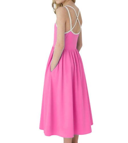 WELAKEN Girls Summer Sundress Criss Cross Back Elastic Waist Hot Pink Size 12Y