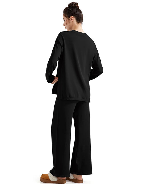 Load image into Gallery viewer, SUUKSESS Women Lounge 2PC Pajama Set Long Sleeve Top Wide Leg Pants Black M
