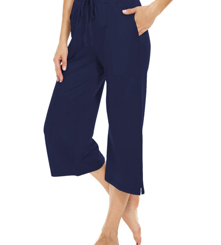 BATHRINS Womens Wide Leg Capri Pants Drawstring Pockets Navy Size M