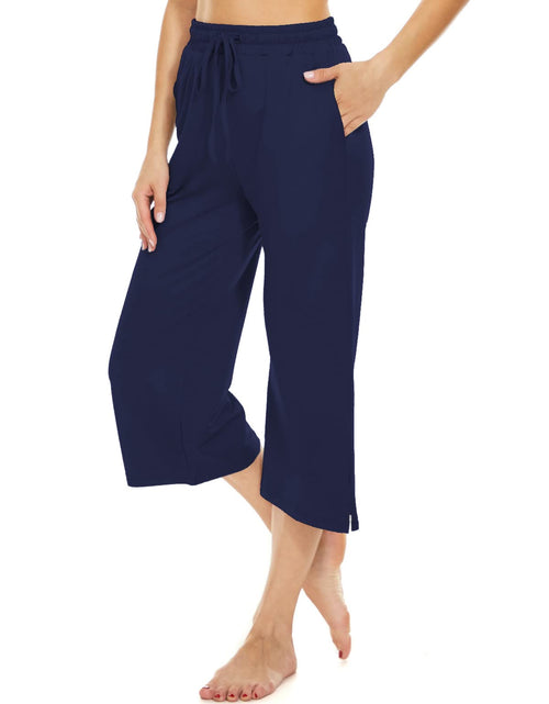 Load image into Gallery viewer, BATHRINS Womens Wide Leg Capri Pants Drawstring Pockets Navy Size M
