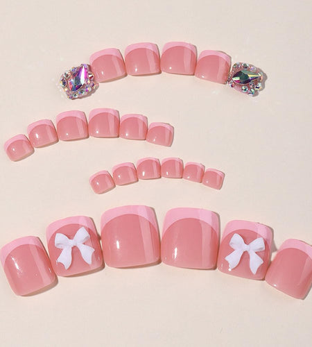 ZIFANHU 24 Pcs 3D Bow Texture Acrylic False Toenails Color V11 Rhinestones