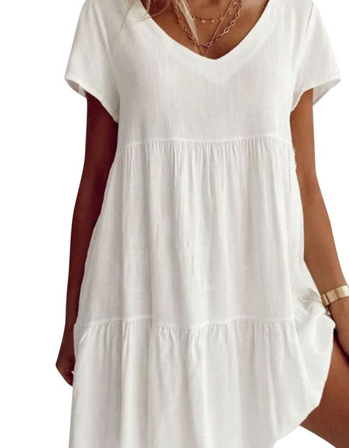 Load image into Gallery viewer, Fangetey Women's V-Neck Button Down Tunic Dress Short Sleeve White Size S
