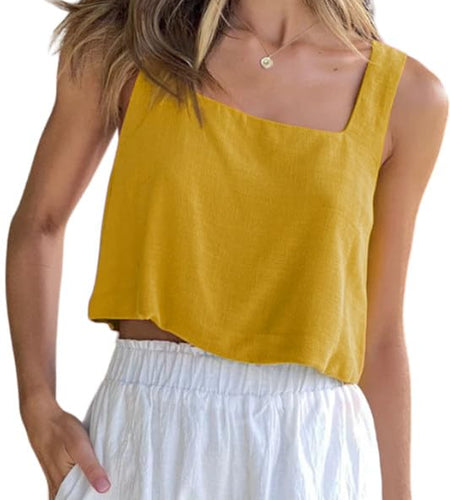 Allimy Women's Square Neck Sleeveless Crop Tank Top Yellow Size M