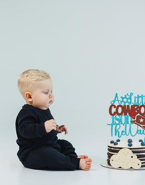 Load image into Gallery viewer, VQOUZVSR A Little Cowboy Is On The Way Cake Topper Blue Glitter Boy
