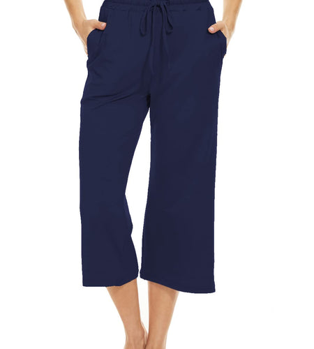 BATHRINS Womens Wide Leg Capri Pants Drawstring Pockets Navy Size M