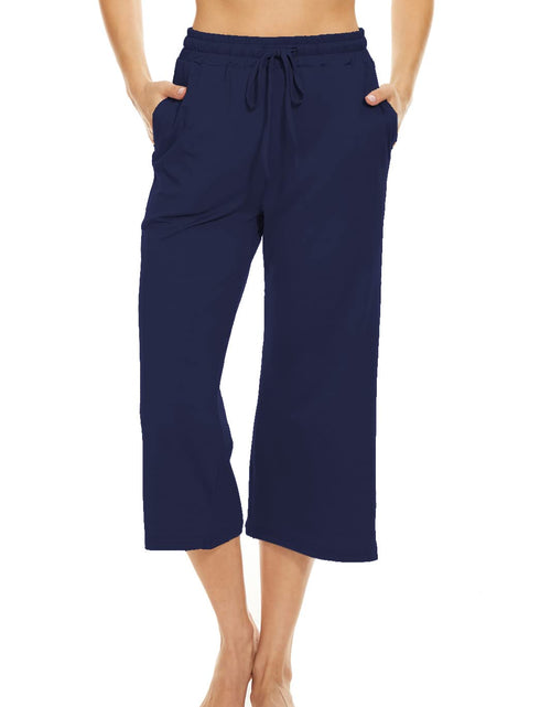 Load image into Gallery viewer, BATHRINS Womens Wide Leg Capri Pants Drawstring Pockets Navy Size M

