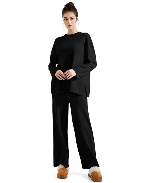 Load image into Gallery viewer, SUUKSESS Women Lounge 2PC Pajama Set Long Sleeve Top Wide Leg Pants Black M
