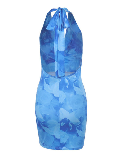 Load image into Gallery viewer, Knemksplanet Women Halterneck Mesh Mini Dress Floral Print Blue Size L
