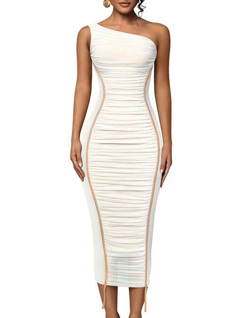 Load image into Gallery viewer, LAGSHIAN Women's Sexy Bodycon One Shoulder Mesh Ruched Midi Dress White Size L
