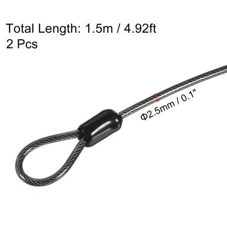 PATIKIL Security Steel Cable 2.5mm x 1.5m Black Double Loop 2 Pack