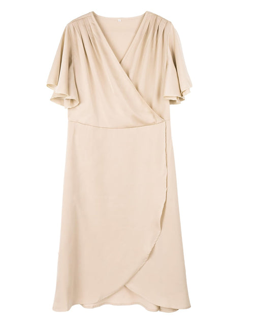 Load image into Gallery viewer, AliChan Womens Satin Wrap Dress V Neck Flared Sleeve Tie Waist Beige Size L
