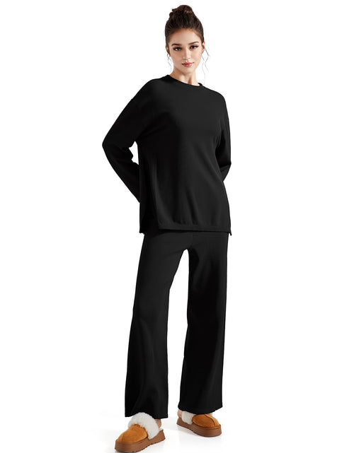 Load image into Gallery viewer, SUUKSESS Women Lounge 2PC Pajama Set Long Sleeve Top Wide Leg Pants Black M
