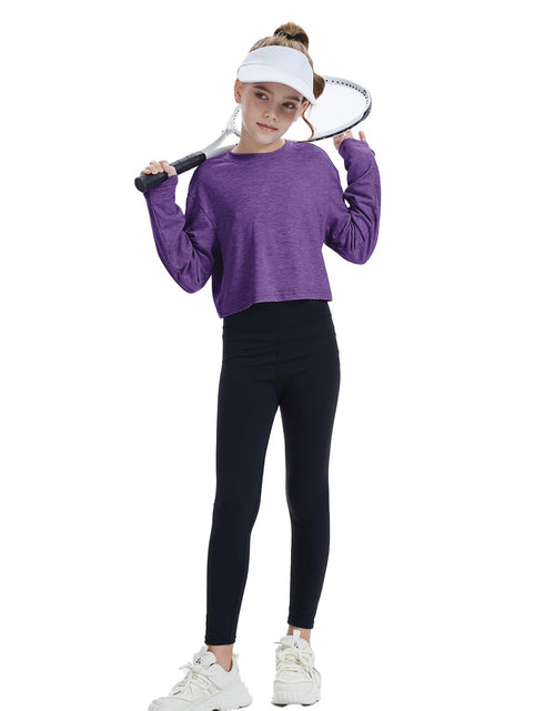 Load image into Gallery viewer, CharmWM Girls Long Sleeve Crop Top Crew Neck Casual Tee Deep Purple Size 9-10Y
