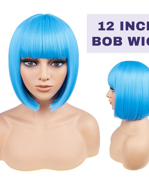Load image into Gallery viewer, BATISI 12in Short Straight Bob Wig Neon Blue Synthetic Flat Bangs
