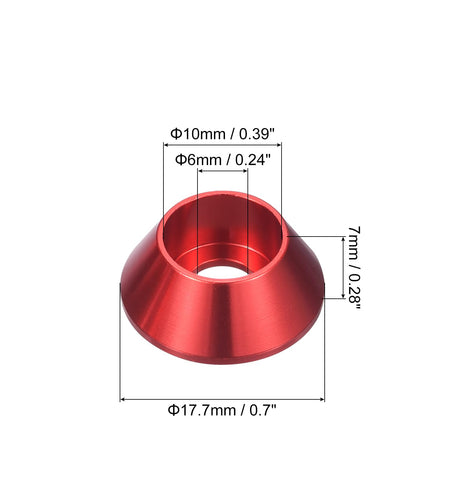 uxcell M6 Cone Cup Countersunk Washers Anodized Aluminum Red 50 Pcs