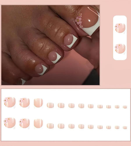 ZIFANHU 24 Pcs White French Press On Toenails Pink Flower Design Plastic