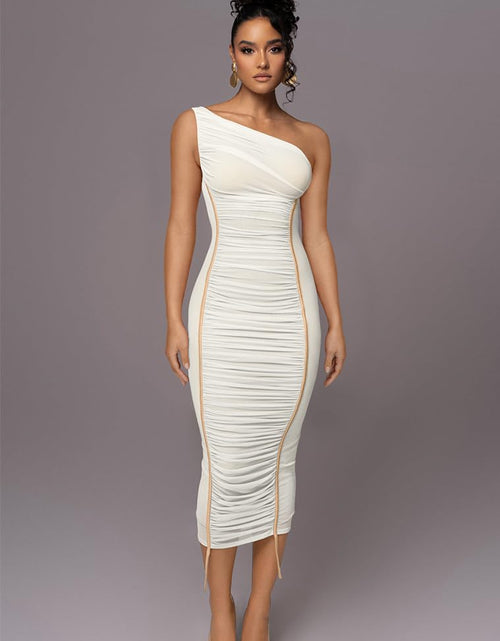 Load image into Gallery viewer, LAGSHIAN Women's Sexy Bodycon One Shoulder Mesh Ruched Midi Dress White Size L
