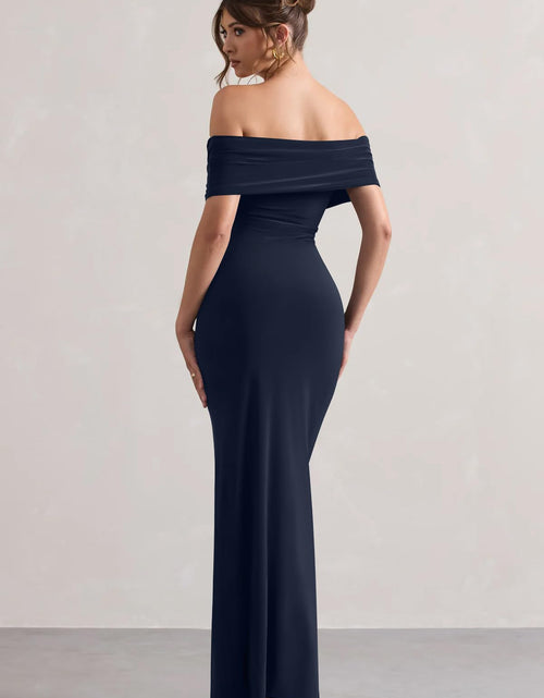 Load image into Gallery viewer, LAGSHIAN Women's Bodycon Off Shoulder Ruched Split Hem Dress Navy Size S
