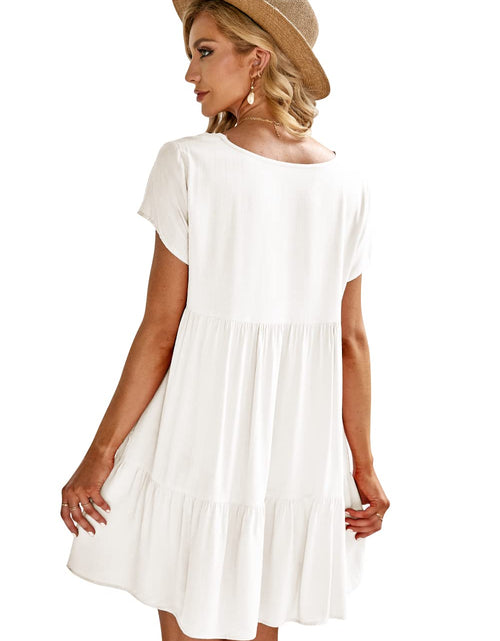 Load image into Gallery viewer, Fangetey Women's V-Neck Button Down Tunic Dress Short Sleeve White Size S
