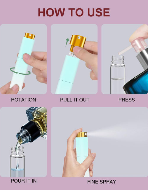 Load image into Gallery viewer, YOUXIU Travel Perfume Bottle Refillable 10ml Mini 4 Pack Purple Pink Blue White
