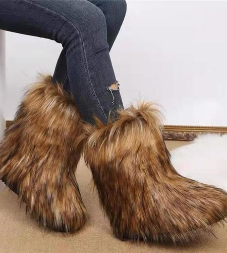 Valpeak Women's Snow Boots Knee High Flat Heel Faux Fur Natural Size 9