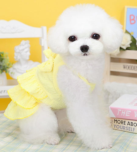 Wiz BBQT Chihuahua Yorkie Dog Dress Sleeveless Ruffles Bow Yellow Size L