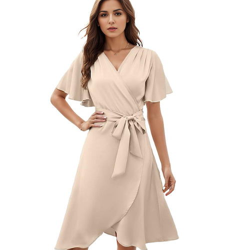 AliChan Womens Satin Wrap Dress V Neck Flared Sleeve Tie Waist Beige Size L