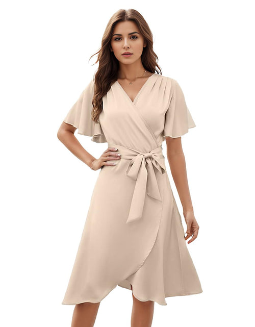 Load image into Gallery viewer, AliChan Womens Satin Wrap Dress V Neck Flared Sleeve Tie Waist Beige Size L
